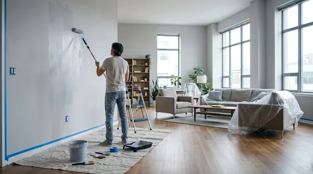 Painter rolling a family room wall in a Canyon Country home